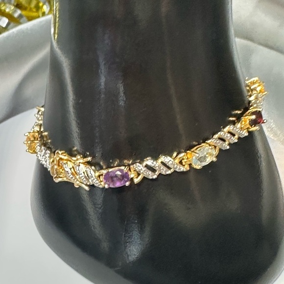 925 Sterling Silver Two-Tone Multi-Gemstone Hinged Bangle Bracelet - Picture 4 of 17